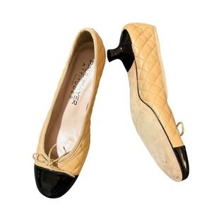 Paul Mayer Beige Quilted Ballet Flats with Black Patent Cap Toe